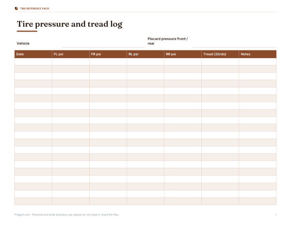 Preview of Printable Tire Pressure and Tread Log